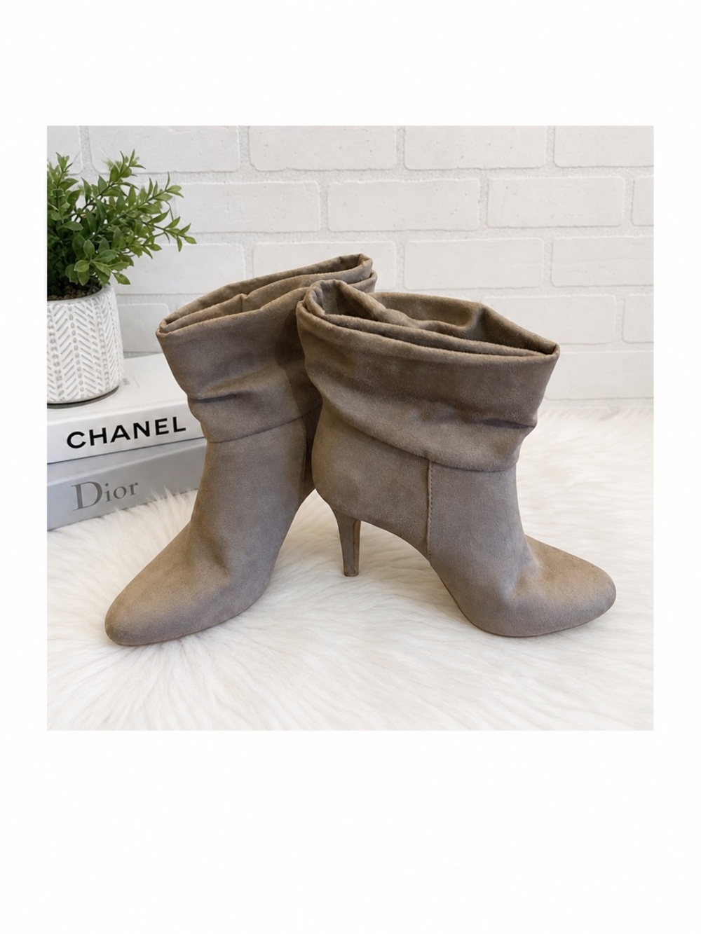 Taupe Slouchy Ankle Boots Stiletto Heel Suede Look Size 7